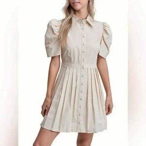 En Saison Pleated Puffed Sleeves Button Up Beige Mini Dress